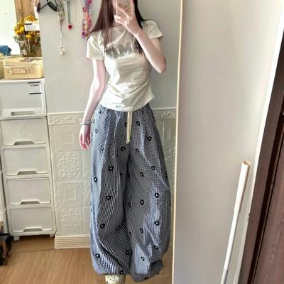 Вышитые цветочные клетчатые брюки широкого кроя повседневные брюки для женщин летом тонкий стиль утягивающие брюки на шнурке для отпуска универсальные