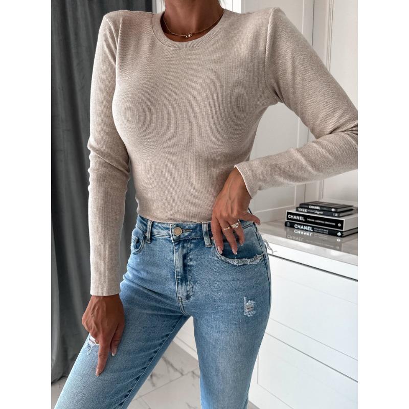 VEZFAA Женские модные повседневные весенне-осенние однотонные блузки и рубашки с круглым вырезом и длинными рукавами с принтом