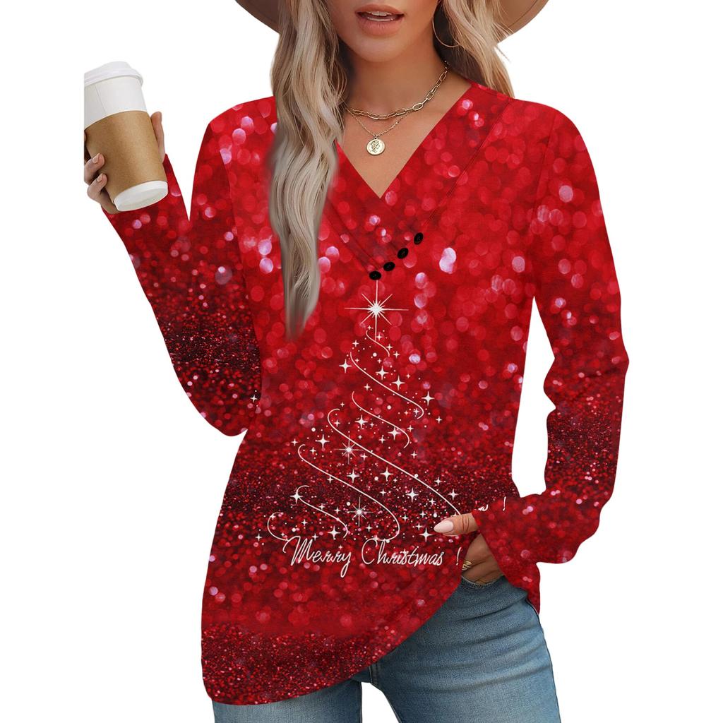 Women's Fashion Casual V-neck Pleated Christmas Long Sleeve Top