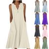 Women's Summer Casual V-neck Button Solid Color Sleeveless Long Dress With Pockets
