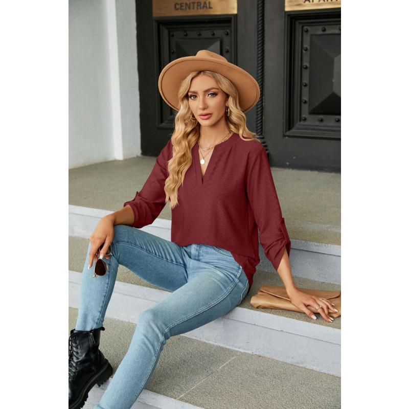 YYFS Женские модные повседневные летние весенние однотонные блузки и рубашки с рукавами 3/4 и v-образным вырезом с принтом