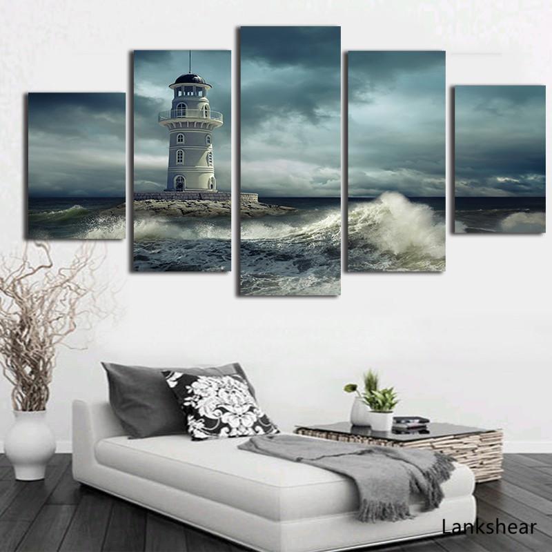 Рамка для фотографий, современный домашний декор, HD принты, плакат, 5 шт., Маяк, облачно, грубая волна, морской пейзаж, холст, живопись, настенное искусство