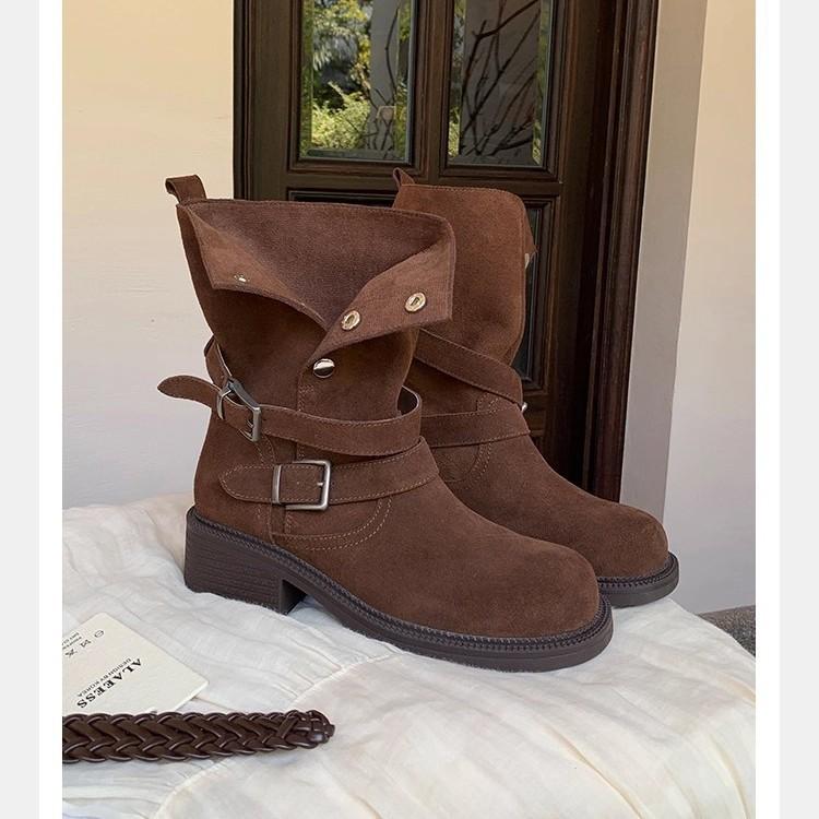 Виноградная мать того же стиля, увеличение высоты на 5,5 см~ Maillard толстый каблук толстая подошва ремешок с пряжкой коровья замша высокий каблук короткие ботинки женские