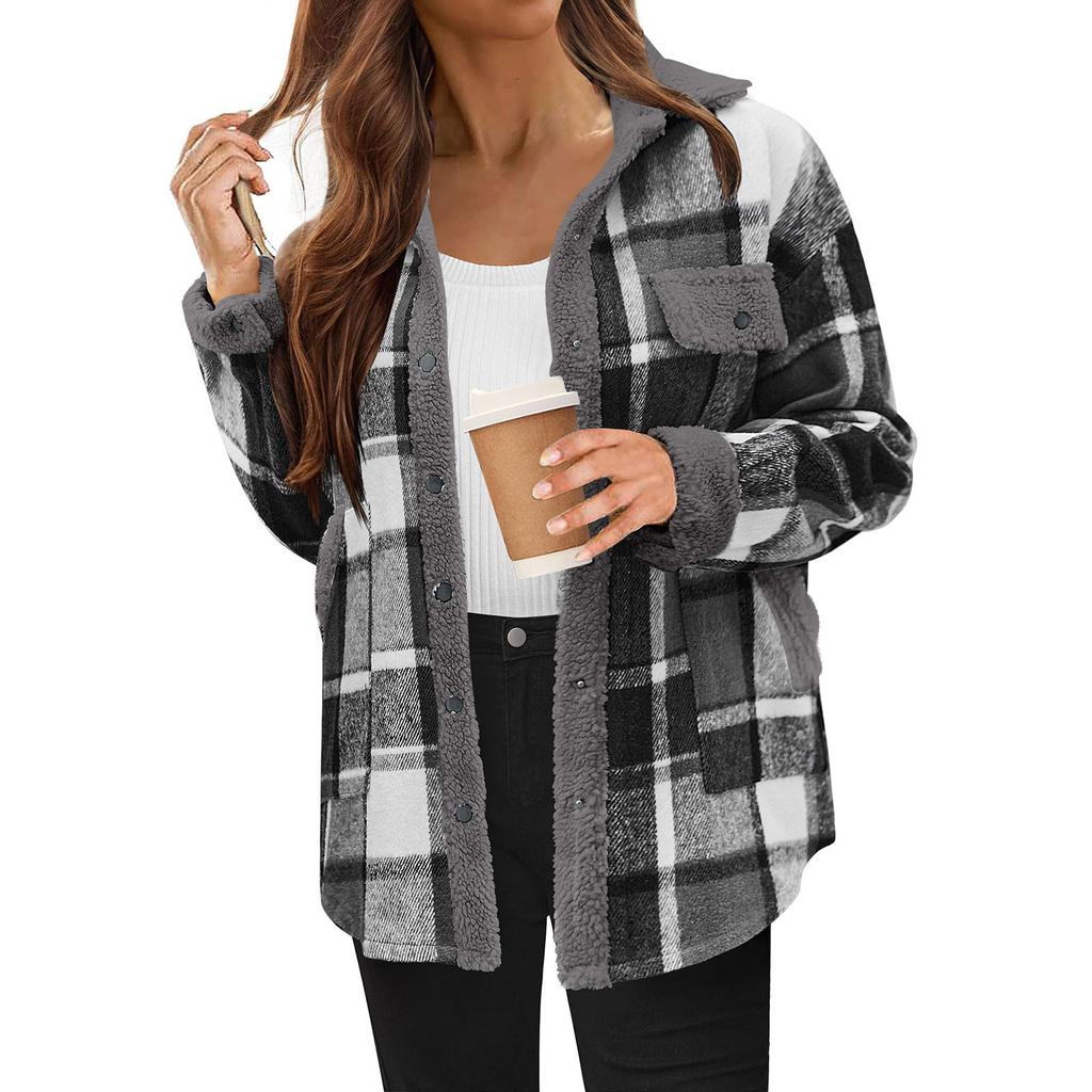 Women's Fashion Loose  Color Plaid Pocket Casual Lapel Plush Jacket Coat