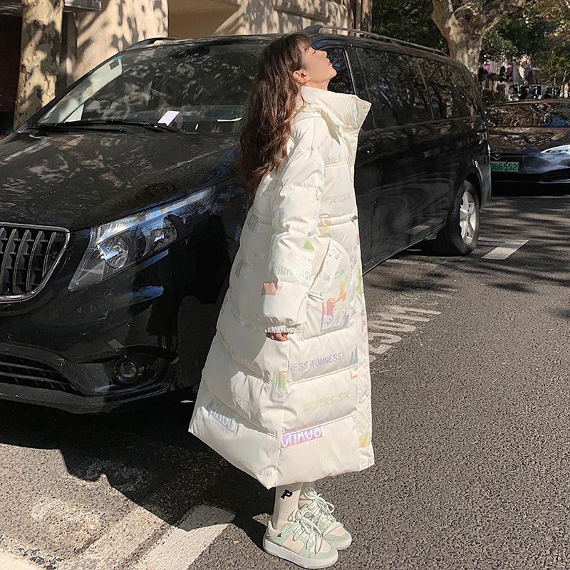 Autumn And Winter Black Bright Face Down Cotton Coat Women's Mid Length Thick Cotton Coat Over Knee