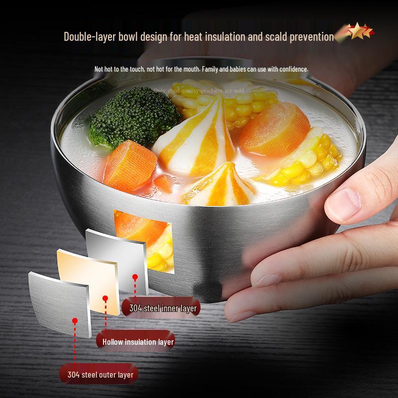 Jidu 304 Stainless Steel Double-Layer Scald-Proof Soup Bowl for Home, Kids & Adults