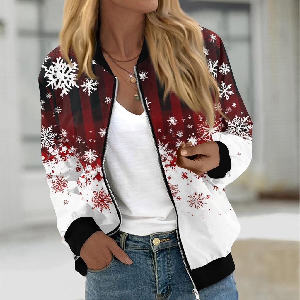 Куртки женские с длинным рукавом, легкие, на молнии, укороченные, модные, с рождественским принтом, верхняя одежда, повседневные, стеганые куртки с карманами