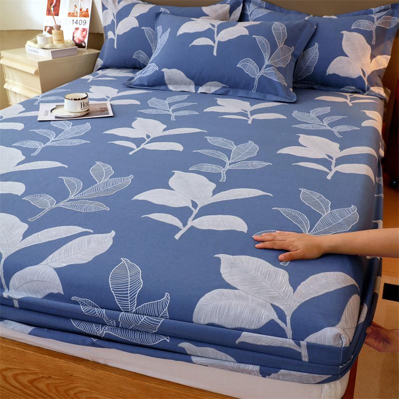 Classic Floral Pattern Fitted Sheet Set 100% Cotton Thickened Fitted Sheet Soft Skin-friendly Mattress Cover with 2 Pillowcases