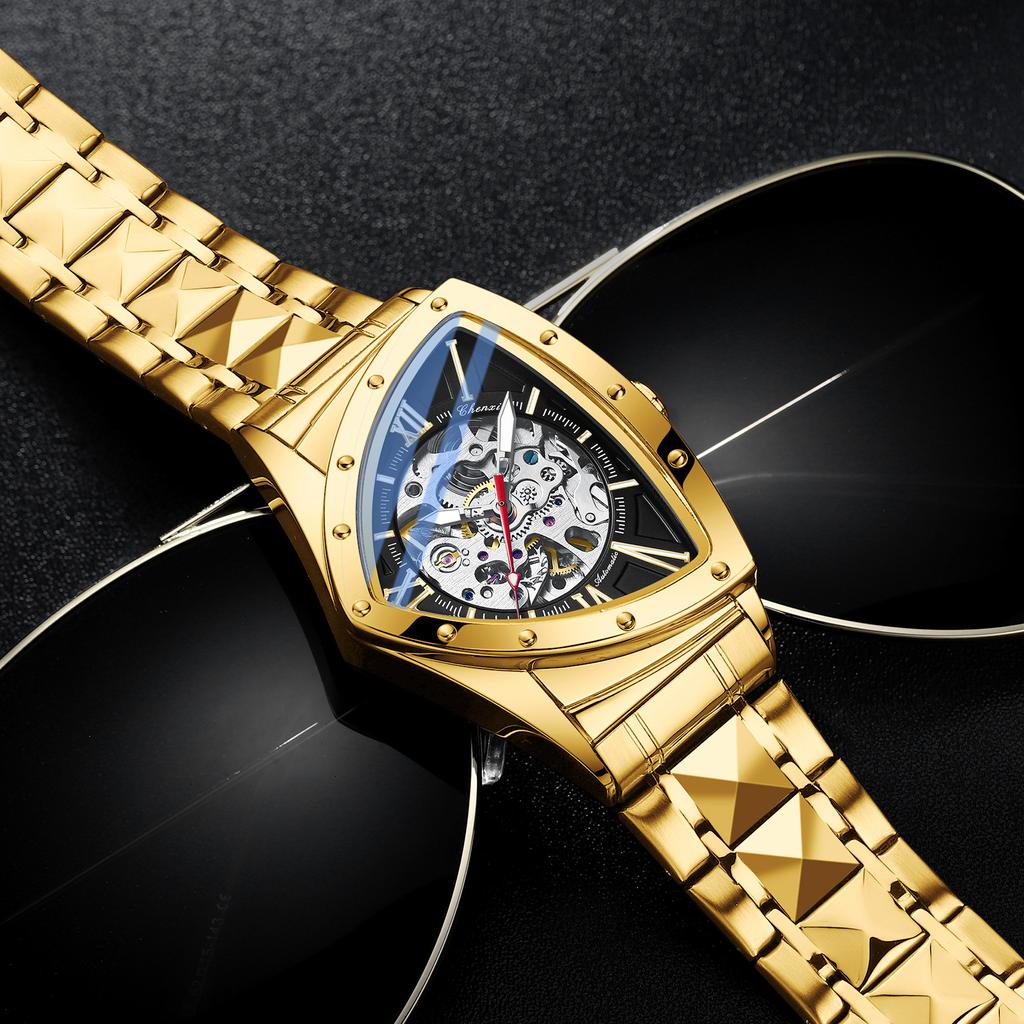 Автоматические мужские часы класса люкс из нержавеющей стали с треугольным циферблатом, механические наручные часы-скелетоны, водонепроницаемые, светящиеся часы