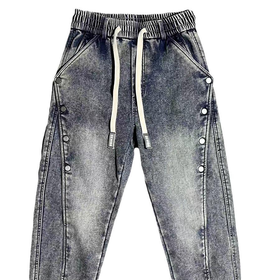 Мужские ретро-джинсы синего цвета с эффектом потертости - весна/лето 2024 г., модные свободные шаровары с манжетами и пуговицами