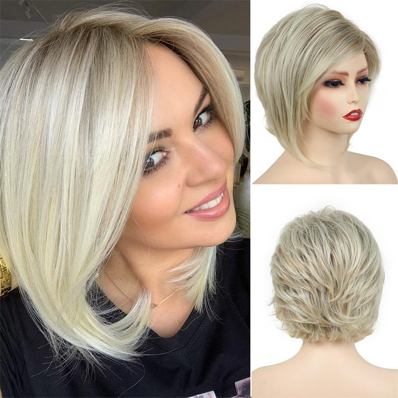 Синтетические светлые парики с челкой Натуральный парик для женщин Короткий боб Прямые волосы Парики Женский косплей Костюм на Хэллоуин Женский парик