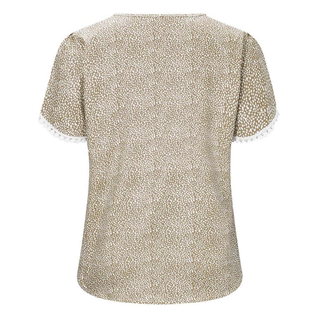 Women's Casual Floral  Printed Lace Crochet Short Sleeve Round Neck Summer Loose Tops Tops