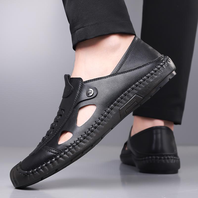 Fashion Breathable Handmade Hollow Out Leather Men Loafers Shoes Slip On Leather Outdoor Men Flats Sandals Daily Commute Casual Sandals