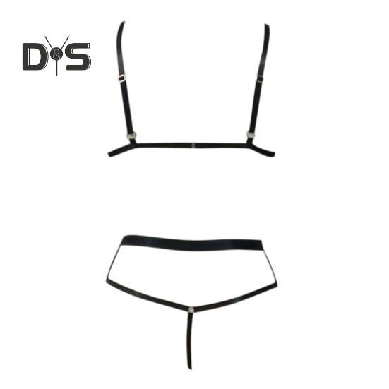 2 Pcs/Set Bra Panties Set Hollow Out Faux Leather Solid Color Wireless Unpadded Elastic Multi Straps Soft Lady Bra Panties Set Wedding Night Bedroom