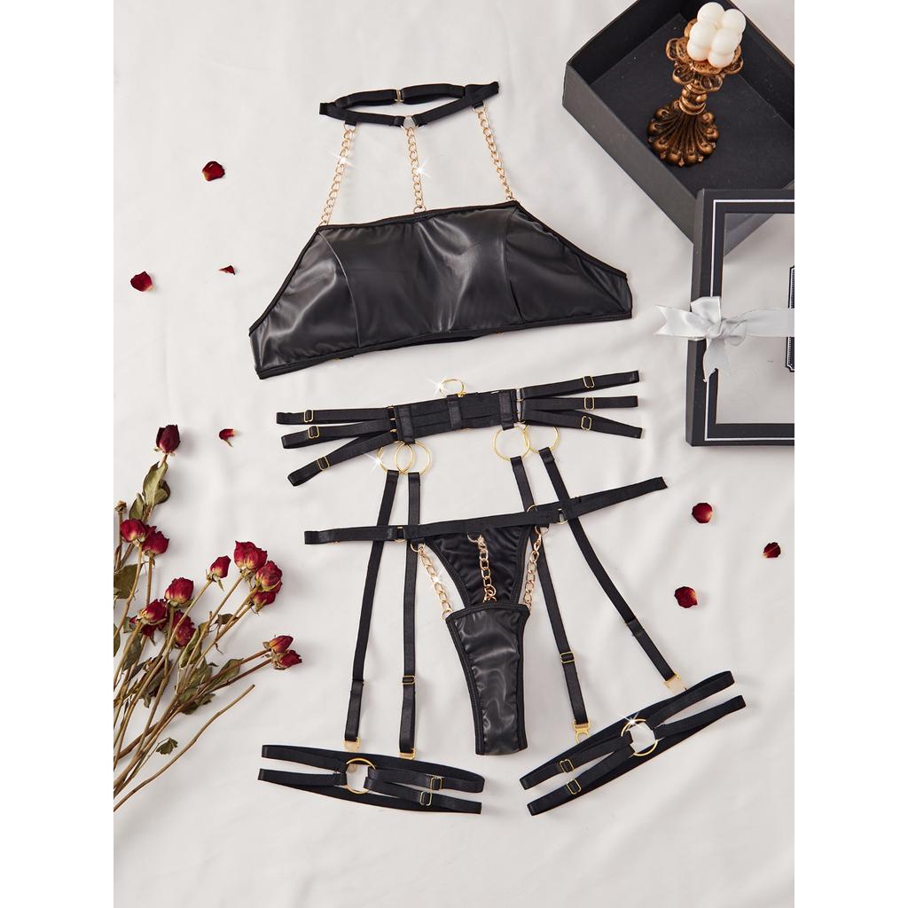 Metal Chain Bra & Panty Set with BDSM Harness, PU Leather Fetish Clubwear Bondage Lingerie Set, PU Leather Harness