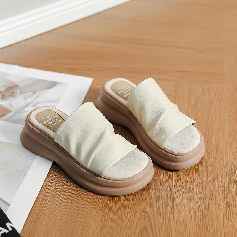 Pleated feeling~ versatile slippers women's thick-soled outer wear is comfortable and not tired, cool feet slippers women's retro open-toe one-wo
