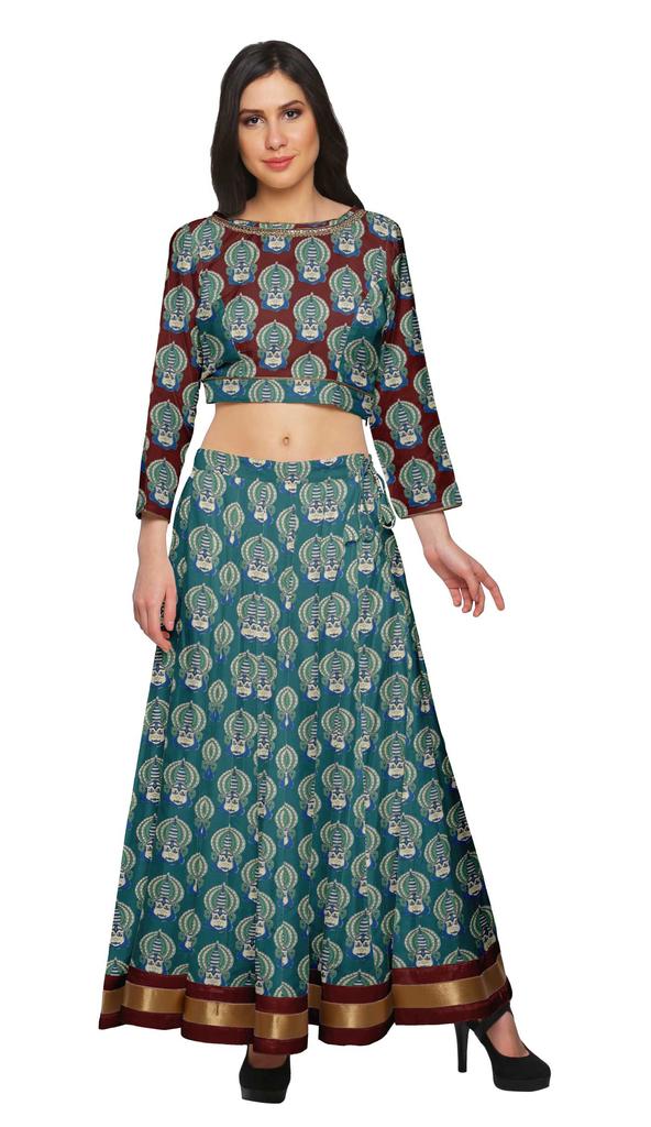 Moomaya Two Piece Long Skirt And Crop Top Printed Indian Ethnic Set For