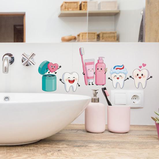 jijijing Cartoon Teeth Wall Stickers, Waterproof PVC Decals, Self Adhesive Art Cute Tooth Brushing Art, Removable Decals for Kids Bathroom Dental