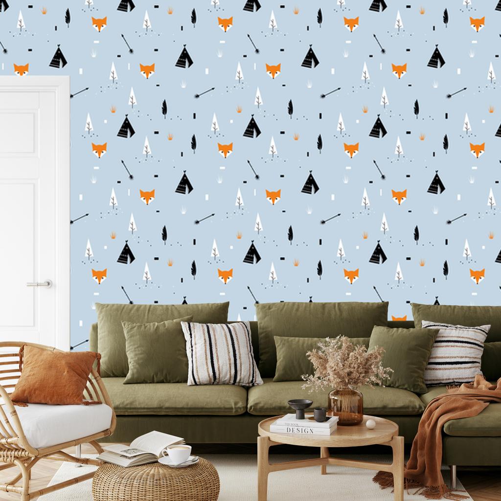 Foxes wallpaper with tipi tents for living room and bedroom 50x1000