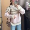 Kuz va qish retro dangasa uslubi Fair Isle jakkard dizayni sezgilari ko'p qirrali va ingichka uzun qisma trikotaj sviter ayollar