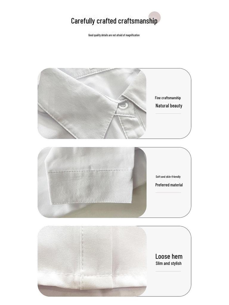 Женская белая рубашка-поло средней длины с длинными рукавами и воротником-поло