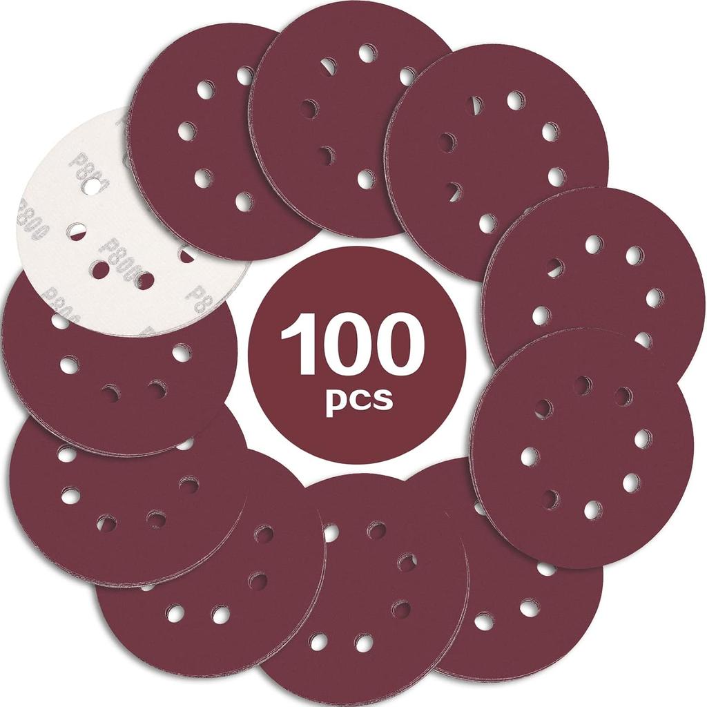 100PCS 125mm Sanding Discs, 5 Inch 8 Hole Hook and Loop Sanding Pads for Random Orbital Sander(40 to 2000Grits)