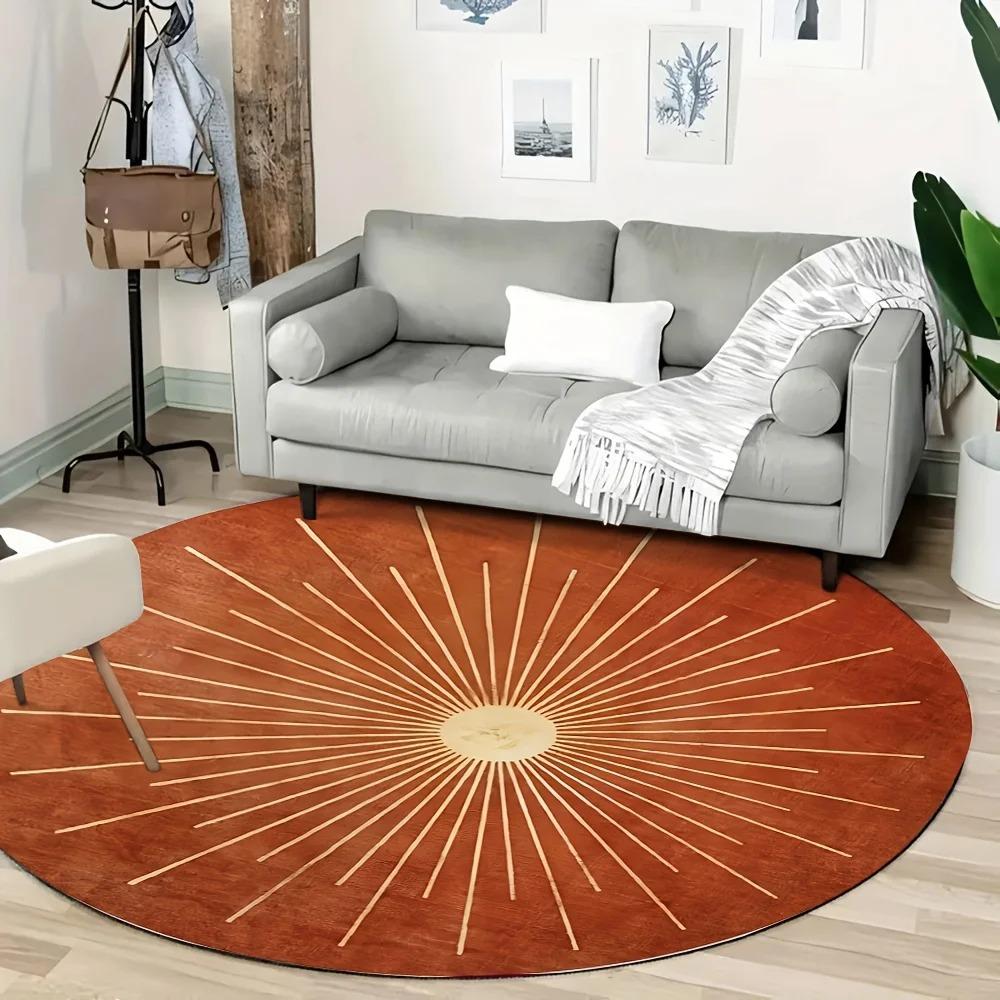 Orange Red Radiant Sunburst Round Area Rug 2D Flat Print Non-Slip Floor Mat for Cafe Office Living Room Bedroom Home Decor