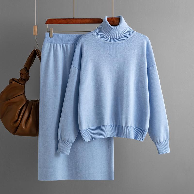 Women's Turtleneck Sweater Knit Skirt Two-piece Set Autumn Winter Knit Suit Knitted Pencil Skirt Turtleneck Sweater Skirt Set