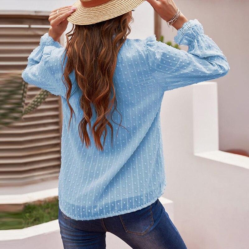 2023 Простая кружевная шифоновая блузка с v-образным вырезом и длинным рукавом, женская весна-осень, свободные топы с вышивкой, повседневная элегантная женская рубашка 29086