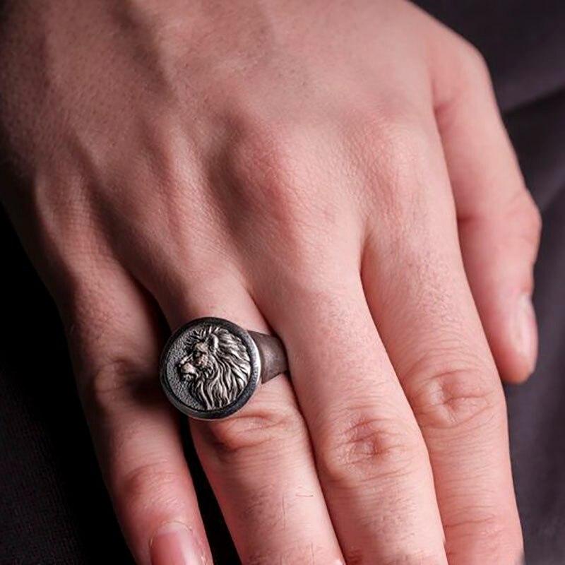 Punkboy Popular Lion King Head Ring for Men Silver Color Round Shaped Craved Domineering Animal Metal Party Hand Jewelry