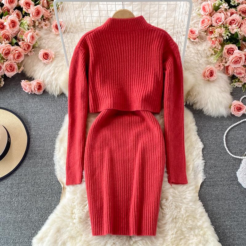 Тонкое облегающее платье на бретельках, комплект из 2 предметов, женский костюм, осенний корейский воротник-стойка, короткие пуловеры с длинными рукавами, повседневный трикотаж