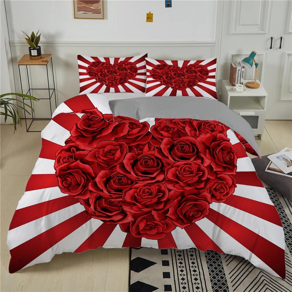 Room Decor Home Bedding Sets 2/3pcs Red Heart Printing Queen Size Pillowcase Duvet Cover Set Polyester Bedclothes