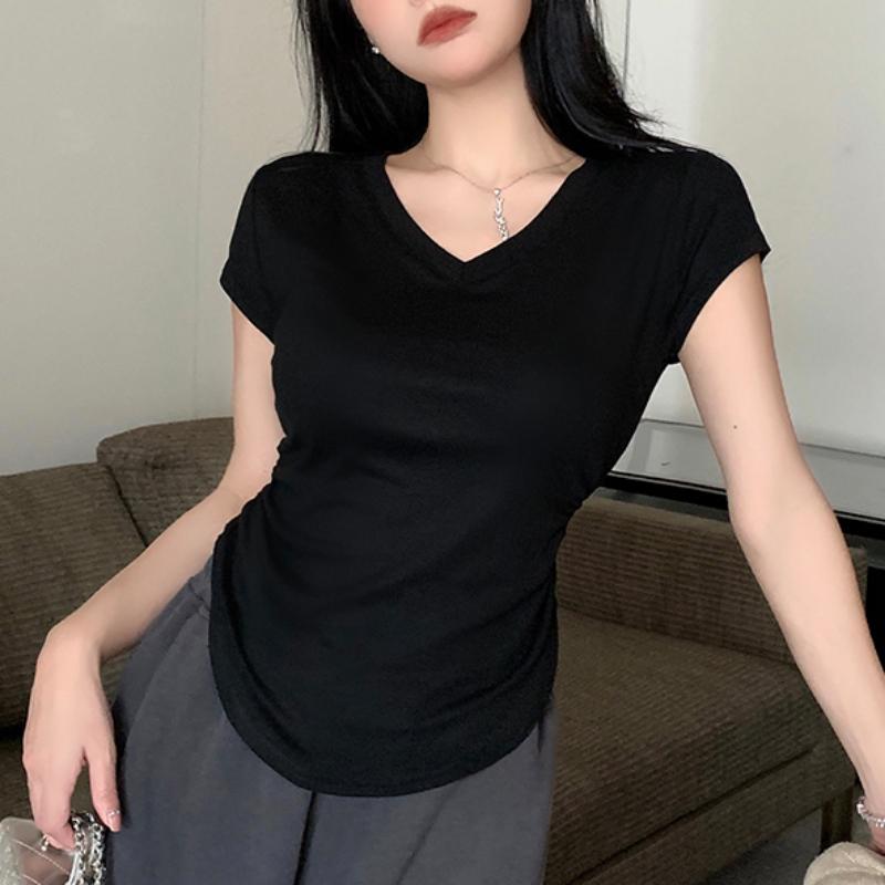 Summer New Slim Fit V-neck Short Sleeve T-shirt for Women Fashion Cotton White Casual T Shirt Female Elegant Vintage Simple Woman Tee Tops 24383