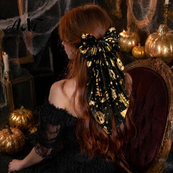 Decorative Bow Hairpins Halloween Silky Satin Hair Bows, Big Ribbon Clips, Oversized Bat Accessories Long Tail Barrettes, Cute for Women Girls