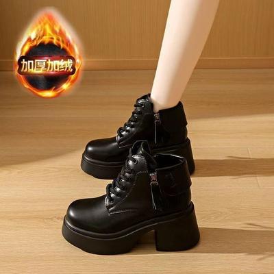 Британские короткие ботинки из мягкой кожи на платформе женские 2025 осень и зима новые короткие ботинки низкие ботинки Мартин маленькие на высоком каблуке хлопковые ботинки женские