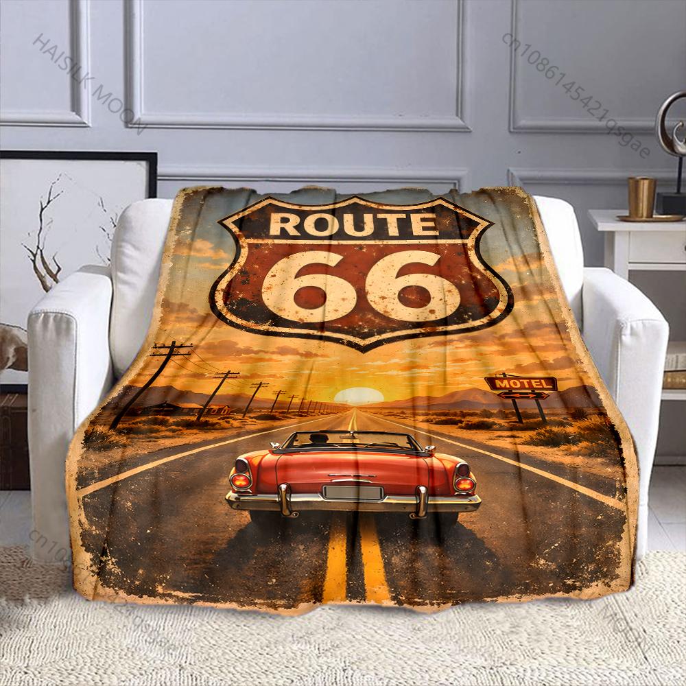 1PC Route 66 Vintage Convertible Desert Sunset Print Adult Children Warm Blankets Home Travel Car Soft Comfortable Luxury Gift