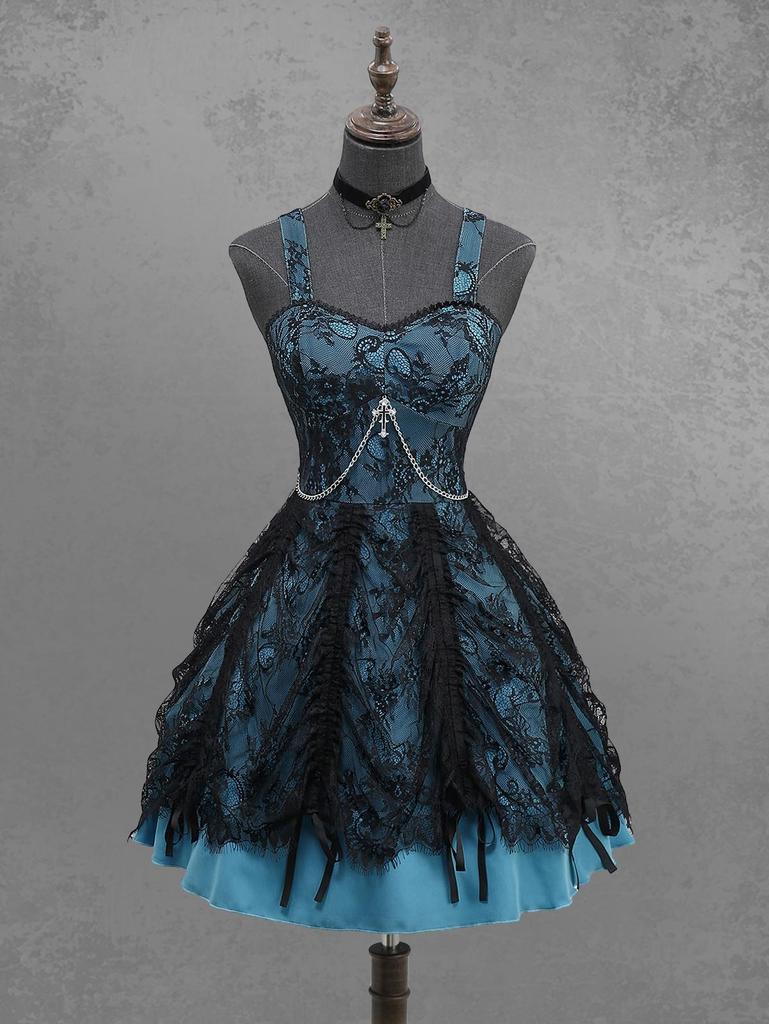 Rosegal Gothic Floral Lace Overlay Cross Chain Ruffles Layered A Line Tank Dress