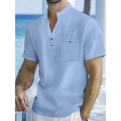 Мужская светло-голубая льняная рубашка-henley с коротким рукавом, воротником-стойкой, повседневный пляжный топ с нагрудным карманом