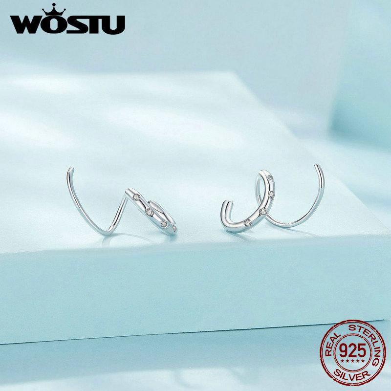 WOSTU Креативные двойные серьги-серьги для женщин, стерлинговое серебро 925 пробы, блестящий циркон, простые серьги-гвоздики для вечеринок, ювелирные изделия в подарок