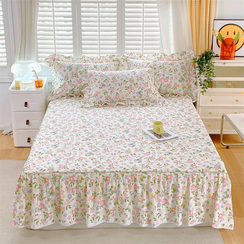 1c Pure Cotton Bed Skirt Floral Style Bed Cover Lace Mattress Protector Skin-friendly Bedspread Roupa De Cama (No Pillowcase)