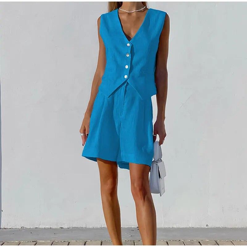 Women Cotton Line Waistcoat Shorts Sets Elegant Sleeveless Single Breasted Top Two Piece Set Womens 2023 Summer Lady Outsuit