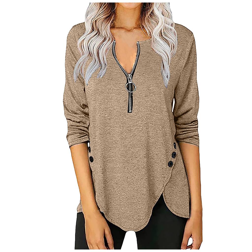 Женская повседневная осенняя футболка с длинными рукавами на молнии и пуговицах
