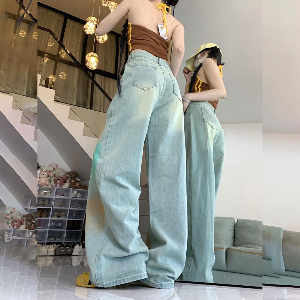 Women's Summer Designer Rainbow Gradient Jeans Washed Blue Long Pants High-Waisted Loose Straight Leg Wide-Leg Trousers