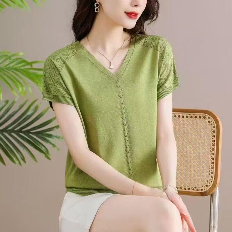 Женская вязаная футболка Летняя футболка для мамы среднего возраста Летняя одежда Футболка с коротким рукавом Женская футболка с V-образным вырезом