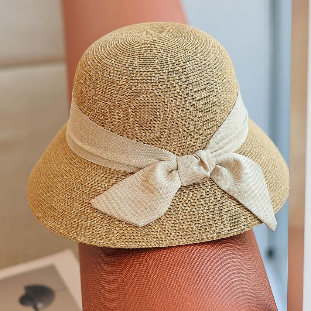 Hepburn style sweet vintage bow straw hat, simple beach outing, sun-protective fisherman's bowl hat for summer