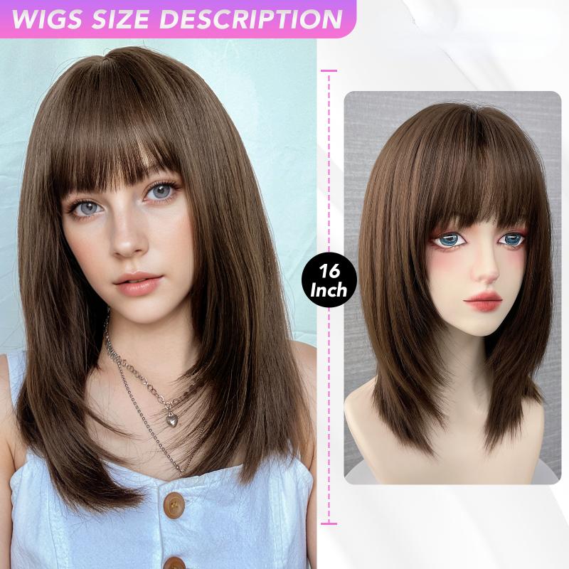 16-дюймовый коричневый парик с прямой челкой, синтетический парик из волокна, термостойкий, без бликов, натуральный косплей, шиньон для женщин, повседневное использование, корейская мода