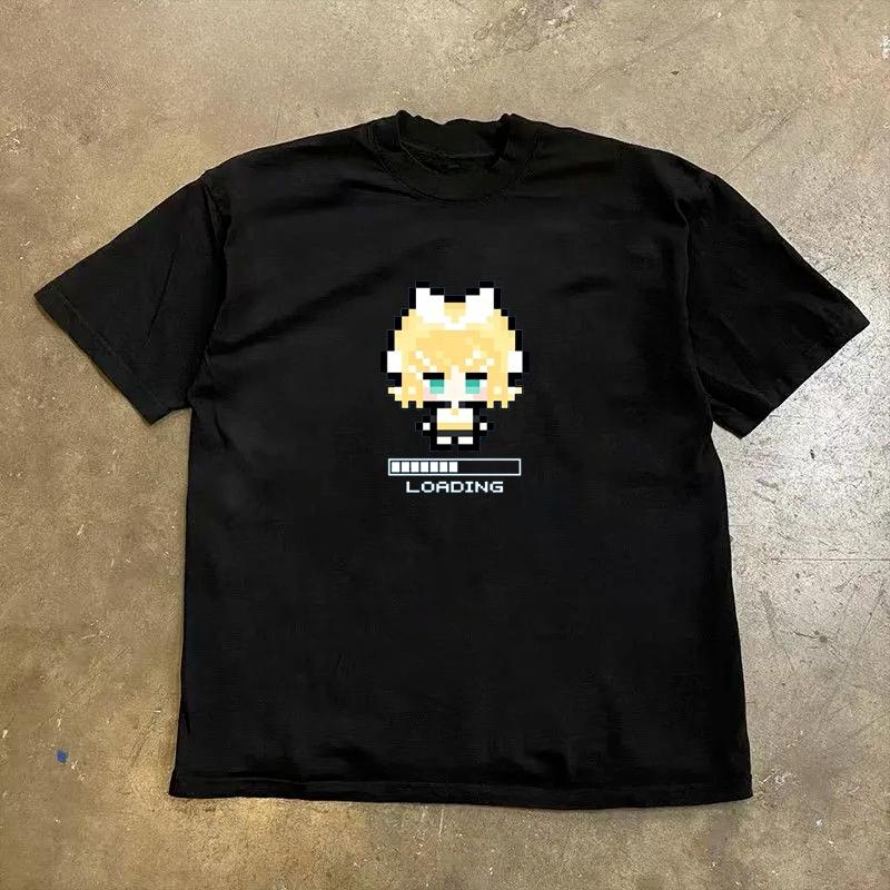 Otaku Retro Game Tee Cute Pixel Blonde Cat Ears Girl Loading Text Ins Trendy Unisex Cotton Oversized Black Daily Tshirt