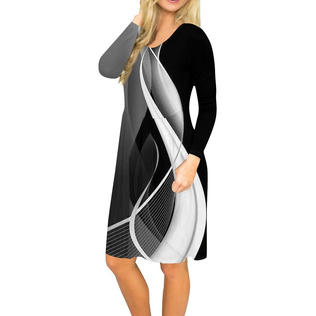 Женское платье с длинным рукавом, плиссированное, свободное, повседневное платье с карманами, платья длиной до колена