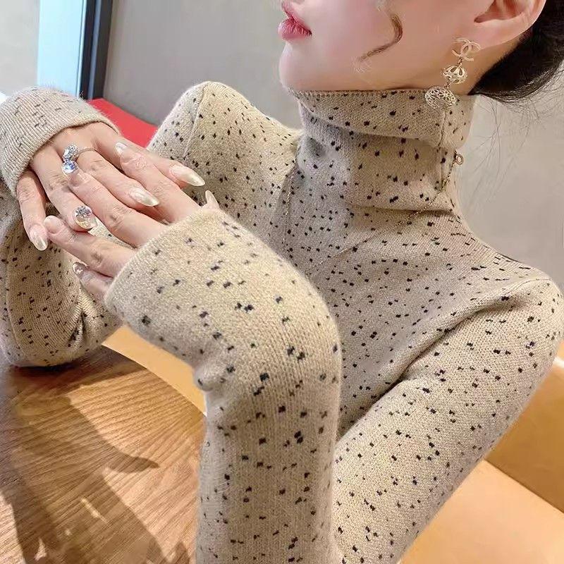 Women's Autumn and Winter New High Collar Sweater Korean Commute Spliced Printed Geometric Slim Long Sleeve Casual Knitted Tops
