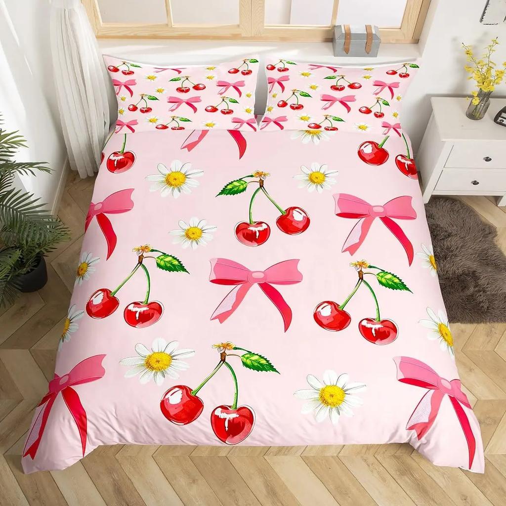 Клубничный комплект пододеяльника размера Queen King для девочек, розовый чехол для одеяла с мультяшными фруктами, постельное белье для девочек-подростков, 3 предмета